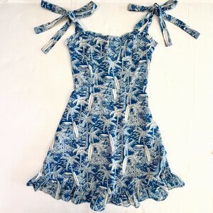 Omi Studio, Shoulder Tie Mini Dress, S, Blue Surf Print Toile
